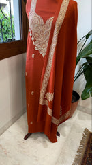 Rust Winter Suit Set with Aari Work in Pashmina Wool