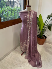 Mauve Suit Set with Parsi Gara Embroidery Dupatta in Mul Cotton