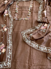 Brown Suit Set with Thread Handwork and Parsi Gara Dupatta in Mul Cotton