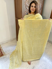 Yellow Suit Set with Lucknowi Handwork in Pure Tussar Silk