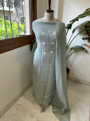 Greenish Grey Suit Set with Pearl, Cut Daana and Lucknowi Thread Handwork  in Pure Mul Chanderi