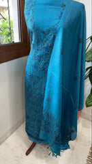 Blue Suit Set with Kantha Handwork in Pure Tussar Silk