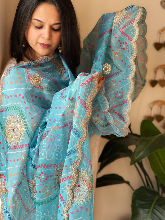 Blue Printed Bandhej Organza dupatta with Scalloped Border