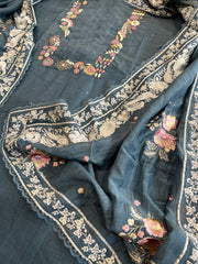 Teal Blue Suit Set with Thread Handwork and Parsi Gara Dupatta in Mul Cotton