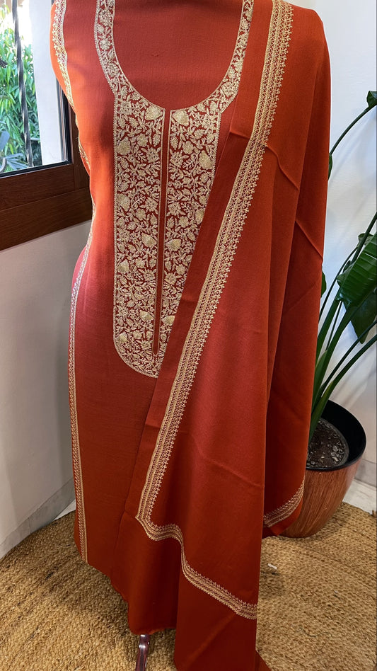 Rust Winter Suit Set with Aari Work in Pashmina Wool