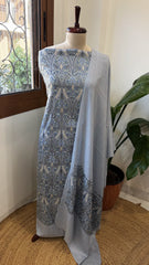 Powder Blue Winter Suit Set with Aari Work in Pashmina Wool