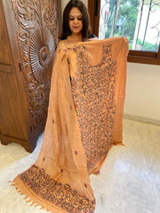 Dark Peach Suit Set with Kantha Handwork in Pure Tussar Silk