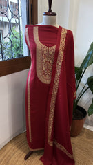 Crimson Red Winter Suit Set with Aari Work in Pashmina Wool