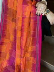 Orange, Pink Handmade Kantha Dupatta in Silk