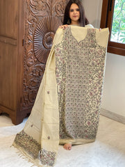 Dusty Green Suit Set with Kantha Handwork in Pure Tussar Silk