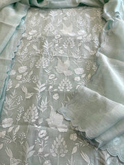 Aqua Suit Set with Thread Embroidery in Pure Mul