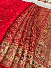 Red Handmade Bandhani Saree with Krishna Motif & Meenakari in Pure Georgette