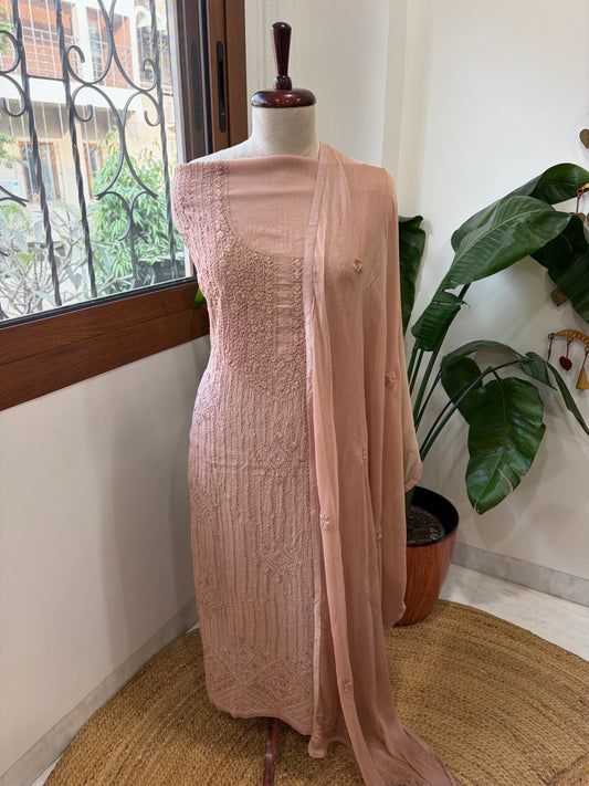 Antique Rose Suit Set with Lucknowi Handwork in Pure Mul Cotton