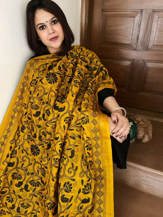 Mustard Yellow Nakshi Handmade Kantha Dupatta in Silk