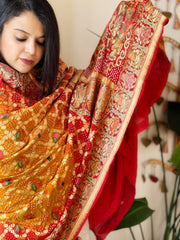 Yellow, Red Rai Bandhej Dupatta with Meenakari Jaal design in Georgette