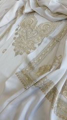 White Winter Suit Set with Aari Work in Pashmina Wool