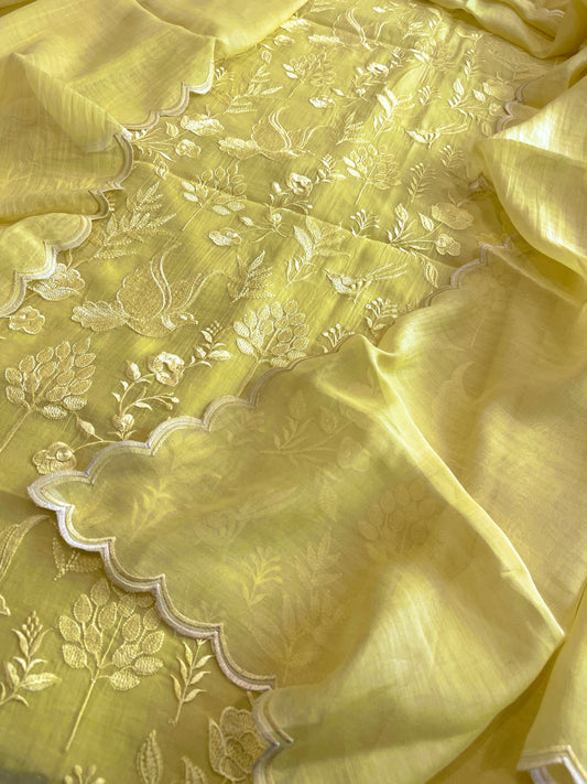 Yellow Suit Set with Thread Embroidery in Pure Mul