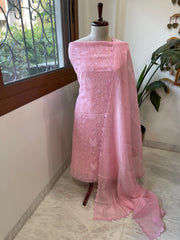Pink Suit Set with Thread Embroidery in Pure Mul