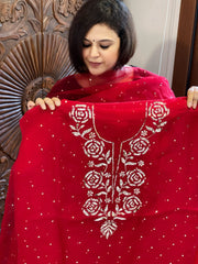 Reddish Maroon Suit Set with Mukaish Badla Handwork in Pure Organza