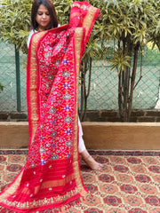 Red Handwoven Ikat Patola with Gotapatti & Pearl Handwork dupatta in Pure Silk