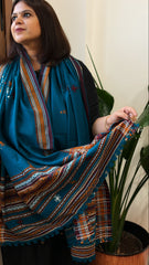 Firozi Blue Handwoven Woollen Shawl with Mirror Handwork