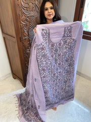 Lavender Suit Set with Kantha Handwork in Pure Tussar Silk