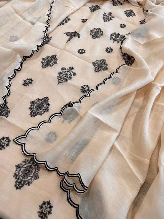 Peachish Beige Suit Set with Gold Thread & Sequin Work in Pure Mul