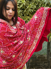 Red Bandhani Dupatta with Gotapatti Handwork in Pure Silk