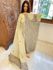 Dusty Green Suit Set with Kantha Handwork in Pure Tussar Silk