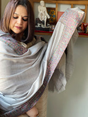 Grey Woven Pashmina Shawl with Kaani Zari Border