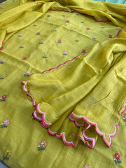Greenish Yellow Suit Set with Thread Embroidery in Pure Mul