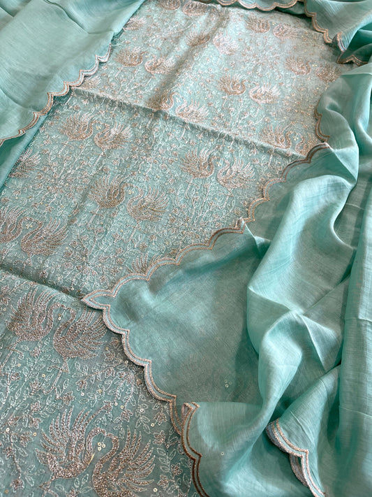 Aqua Suit Set with Gold Thread Embroidery in Pure Mul