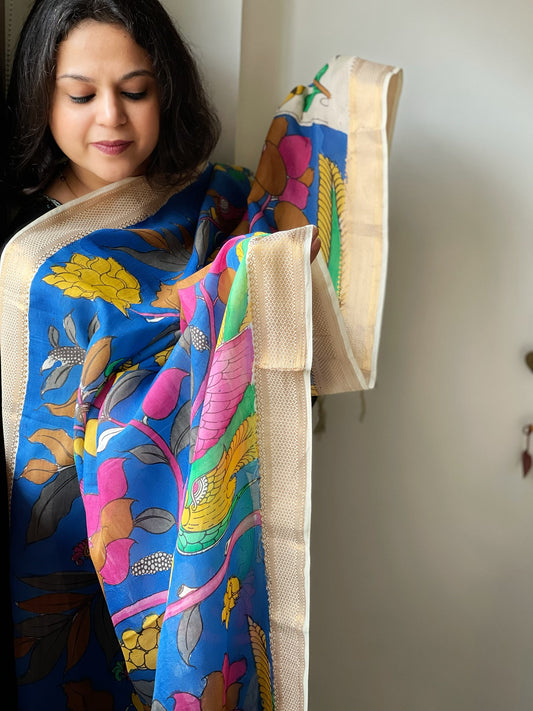 Handpainted Kalamkari Dupatta in Chennuri Silk