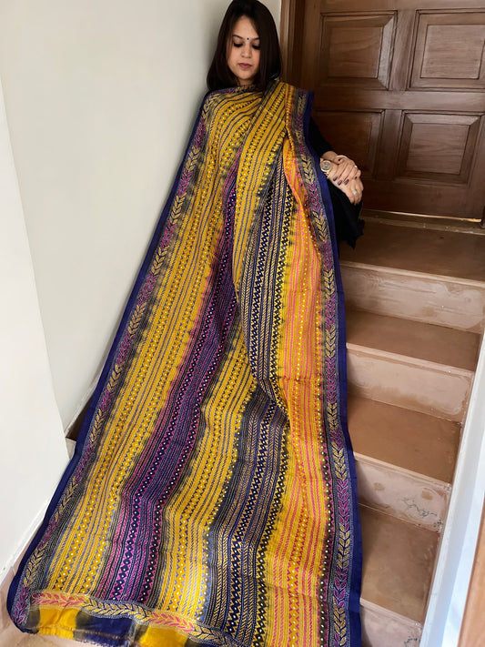 Yellow, Blue Handmade Kantha Dupatta in Silk