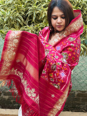 Pink Handwoven Ikat Patola with Gotapatti & Pearl Handwork dupatta in Pure Silk