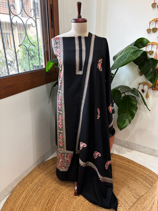 Black Winter Suit Set with Aari Work in Pashmina Wool