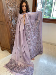 Lavender Suit Set with Kantha Handwork in Pure Tussar Silk