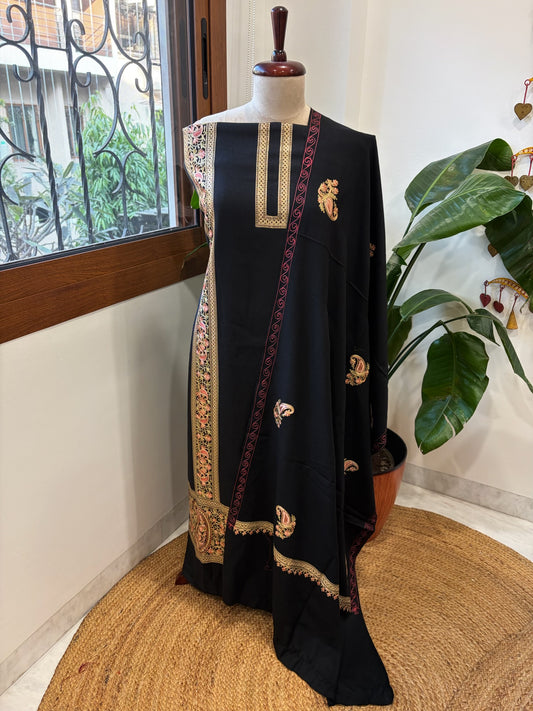 Black Winter Suit Set with Aari Work in Pashmina Wool