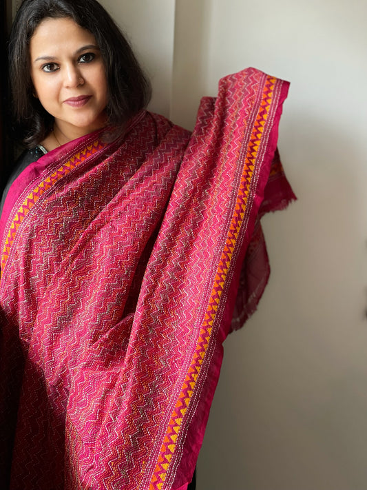 Pink Handmade Kantha Dupatta in Silk