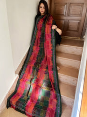 Red, Green Handmade Kantha Dupatta in Silk