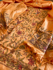 Lite Orange Suit Set with Kantha Handwork in Pure Tussar Silk