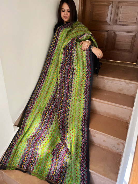 Black, Green Handmade Kantha Dupatta in Silk