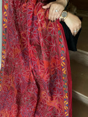 Red Handmade Reverse Nakshi Kantha Dupatta in Silk