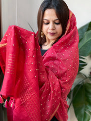 Red Handwoven Muga Silk dupattas with Hand Embroidery