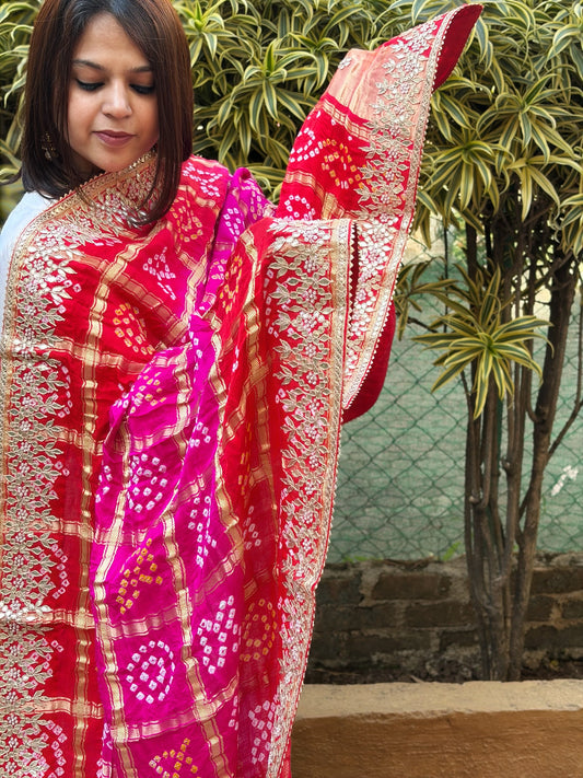 Pink, Orange Bandhani Dupatta with Gotapatti Handwork in Pure Silk