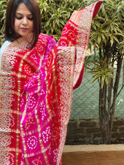 Pink, Orange Bandhani Dupatta with Gotapatti Handwork in Pure Silk