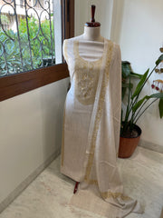 Oatmeal Beige Winter Suit Set with Aari Work in Pashmina Wool