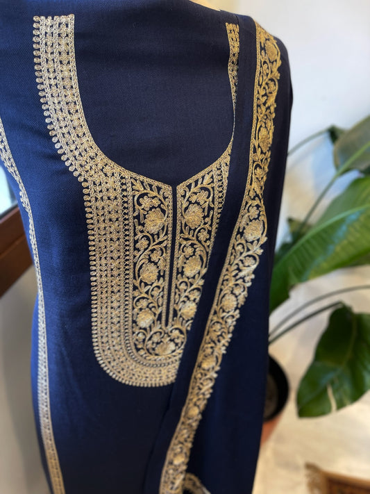 Deep Navy Winter Suit Set with Aari Work in Pashmina Wool
