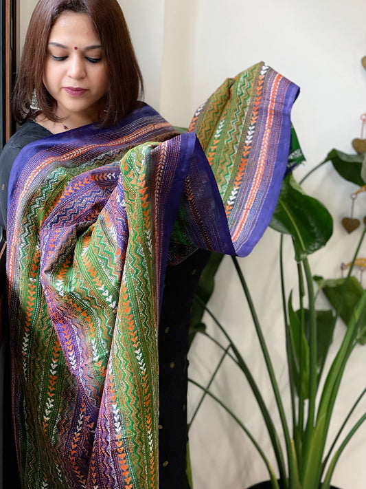 Blue and Green Handmade Kantha Dupatta in Silk