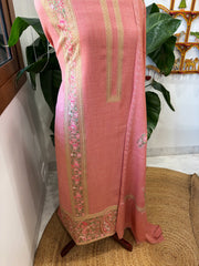 Peachish Pink Winter Suit Set with Aari Work in Pashmina Wool
